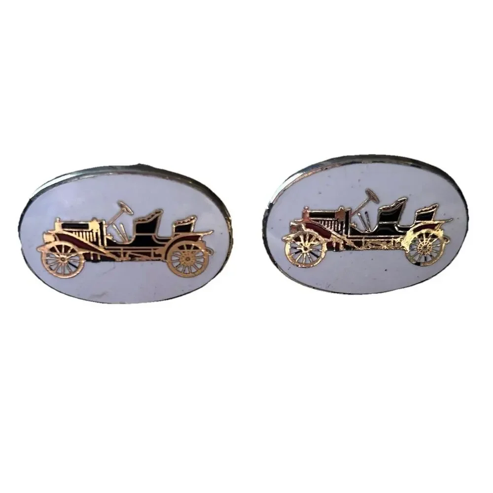 Old Vintage Classic Cars Trucks White Gold ENAMEL Cuff Links antique auto cars